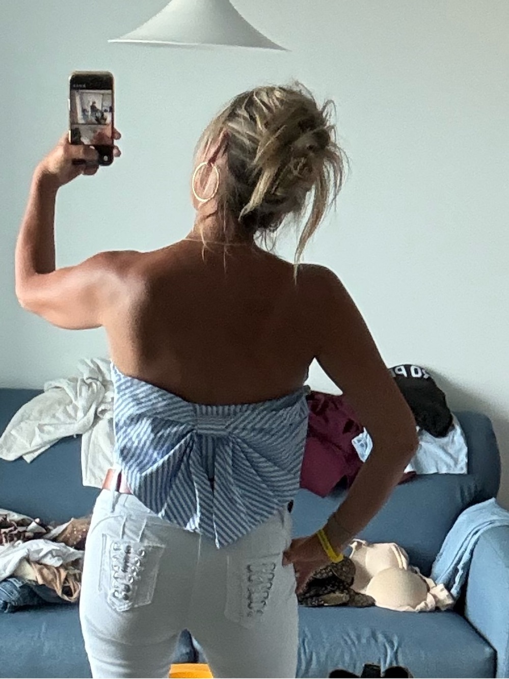 Striped Blue Bow-Back Strapless Top